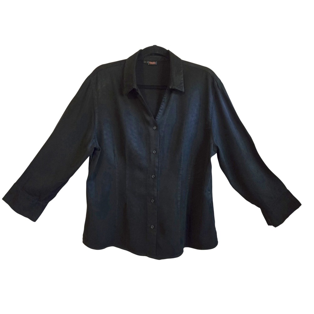 Tianello Vintage Chic Black Garment Dyed Button Down Shirt Tencel Rayon Blend